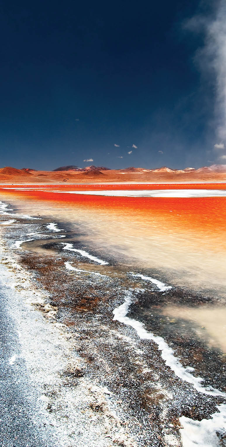 A dust devil swirls across Laguna Colorada, the 'red lake' 