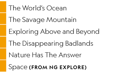 ,The World’s Ocean,,The Savage Mountain,,Exploring Above and Beyond,,The Disappearing Badlands,,Nature Has The Answer...