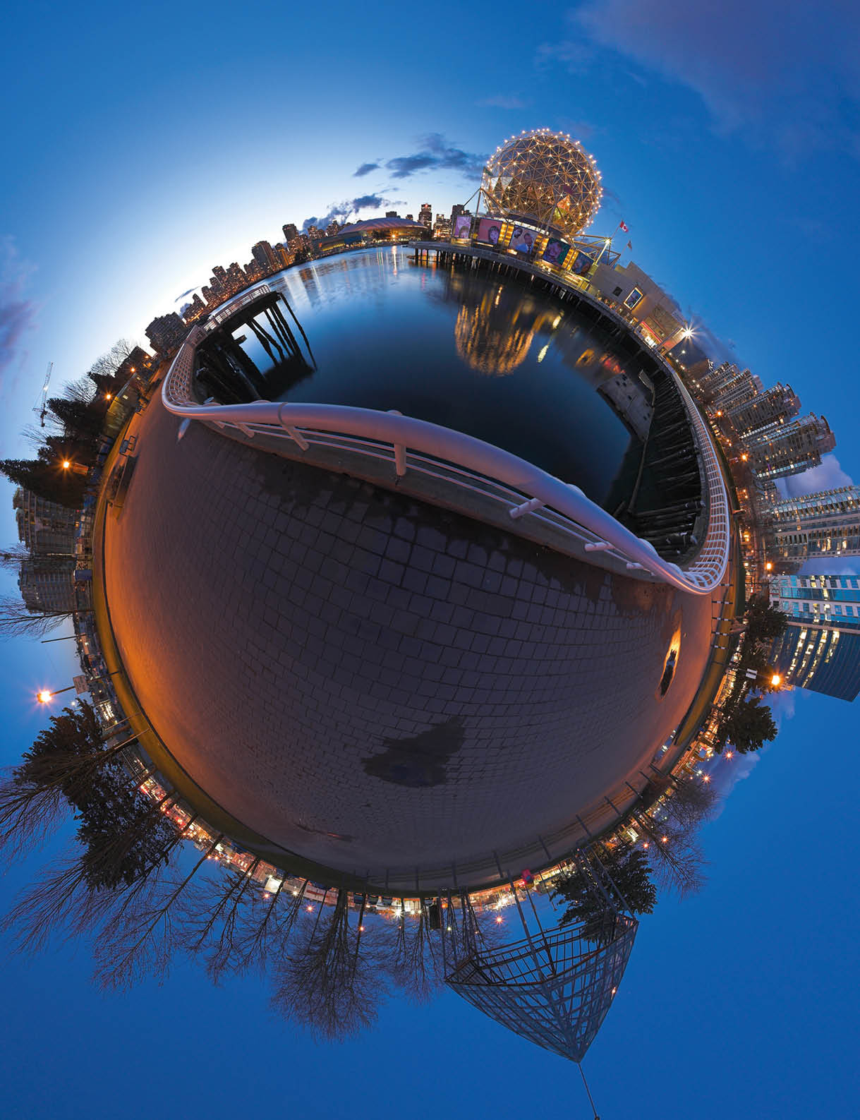 Stereographic projection of False Creek and Science World.  (Photo Credit: Randy Kosek)