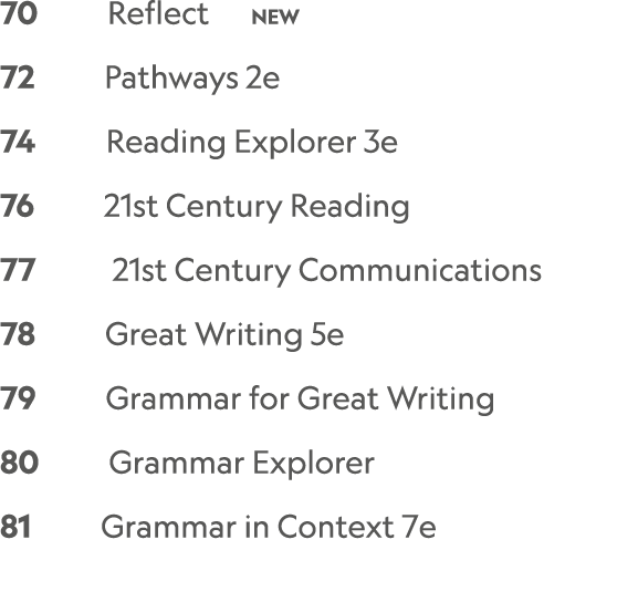 70    Reflect   NEW 72     Pathways 2e 74      Reading Explorer 3e 76     21st Century Reading 77      21st Century ...