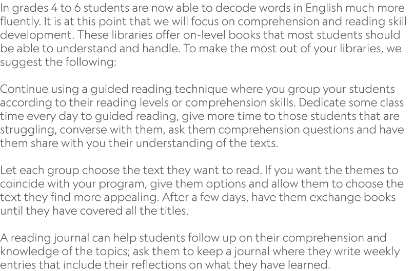 In grades 4 to 6 students are now able to decode words in English much more fluently. It is at this point that we wil...