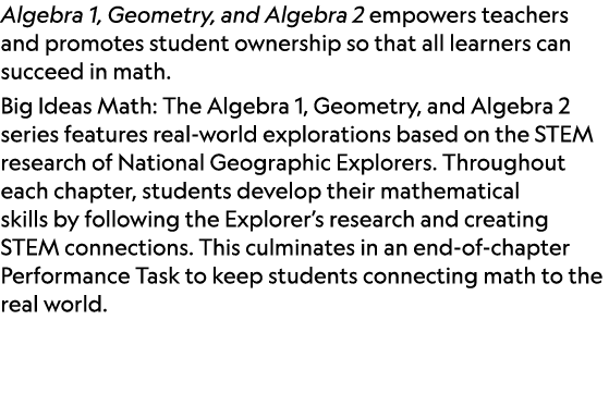 Algebra 1, Geometry, and Algebra 2 empowers teachers and promotes student ownership so that all learners can succeed ...