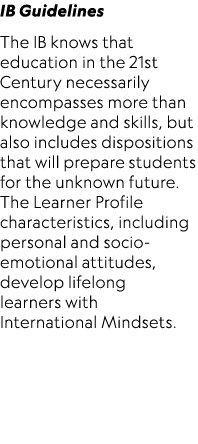 IB Guidelines The IB knows that education in the 21st Century necessarily encompasses more than knowledge and skills,...