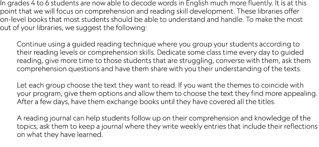 In grades 4 to 6 students are now able to decode words in English much more fluently. It is at this point that we wil...