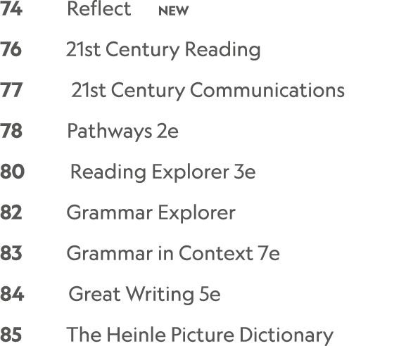 74    Reflect   NEW 76     21st Century Reading 77      21st Century Communications 78     Pathways 2e 80      Readi...