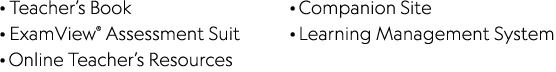 · Teacher’s Book · ExamView® Assessment Suit · Online Teacher’s Resources · Companion Site · Learning Management System