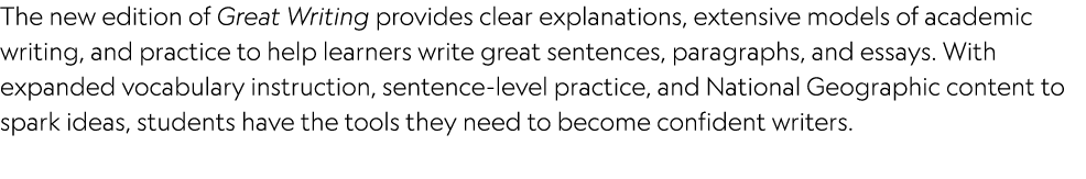 The new edition of Great Writing provides clear explanations, extensive models of academic writing, and practice to h...