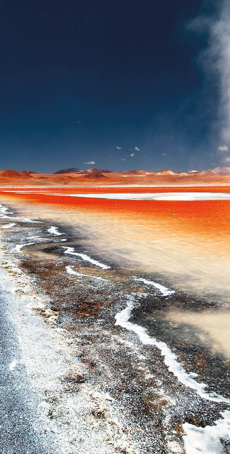 A dust devil swirls across Laguna Colorada, the 'red lake'.