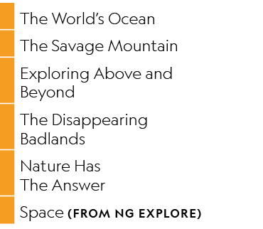 ,The World’s Ocean,,The Savage Mountain,,Exploring Above and Beyond,,The Disappearing Badlands,,Nature Has The Answer...