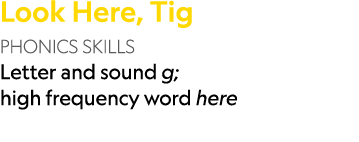 Look Here, Tig PHONICS SKILLS Letter and sound g; high frequency word here