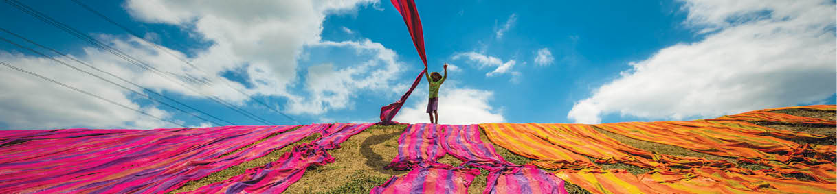 Long rolls of traditional fabric rolled down a hill to dry in the sun, creating a sea of color, Indonesia. ©Chue Ardi RH 1A and 1B cover image