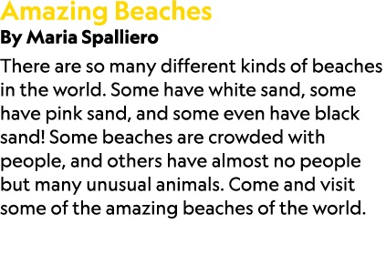 Amazing Beaches By Maria Spalliero There are so many different kinds of beaches in the world. Some have white sand, s...
