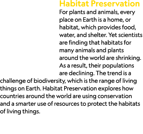 Habitat Preservation For plants and animals, every place on Earth is a home, or habitat, which provides food, water, ...