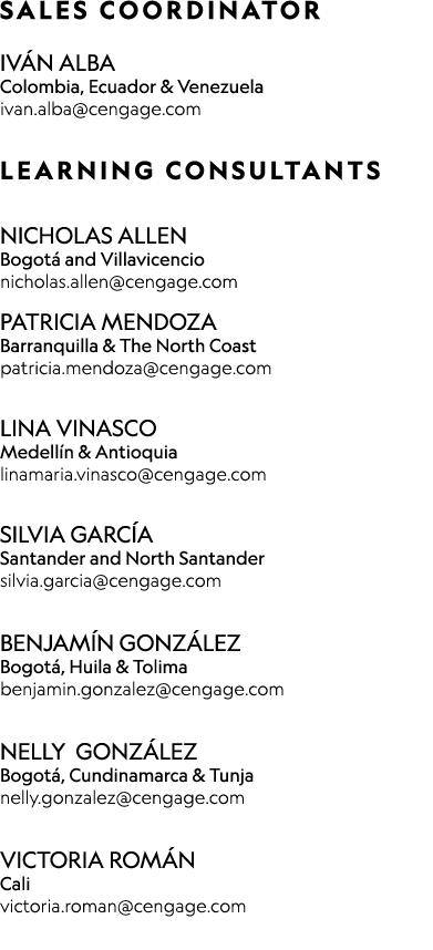 ﻿SALES COORDINATOR IV N ALBA Colombia, Ecuador & Venezuela ﻿ivan.alba@cengage.com  LEARNING CONSULTANTS  Nicholas Al...