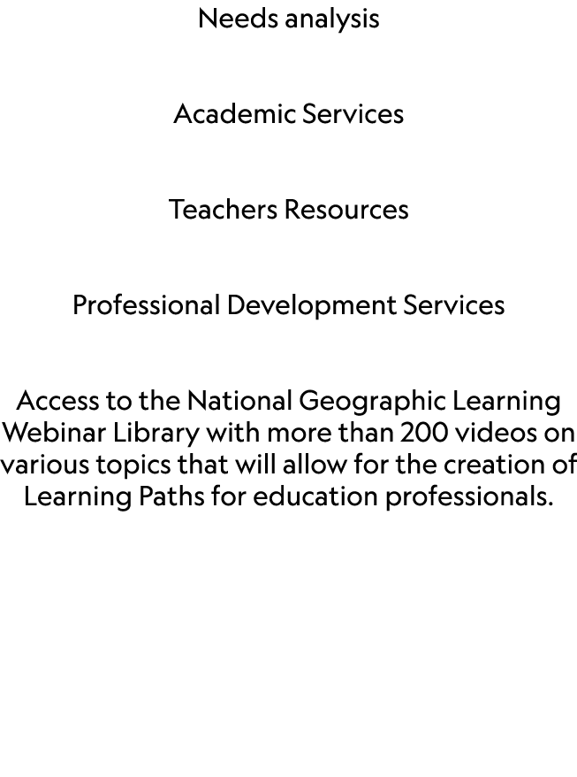 Needs analysis Academic Services  Teachers Resources  Professional Development Services  Access to the National Geog...