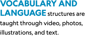 Vocabulary and language structures are taught through video, photos, illustrations, and text.