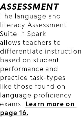 ASSESSMENT The language and literacy Assessment Suite in Spark allows teachers to differentiate instruction based on ...