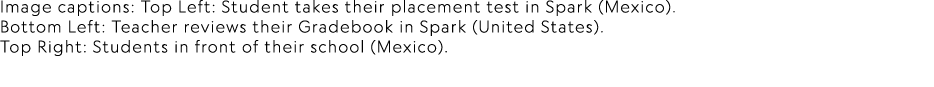 Image captions: Top Left: Student takes their placement test in Spark (Mexico). Bottom Left: Teacher reviews their Gr...