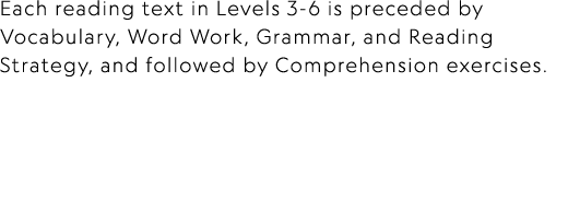 Each reading text in Levels 3 6 is preceded by Vocabulary, Word Work, Grammar, and Reading Strategy, and followed by ...